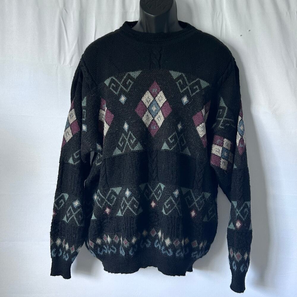 Andean 100% Alpaca Sweater XL Made in Peru Black Diamond Knit grandpa cottage